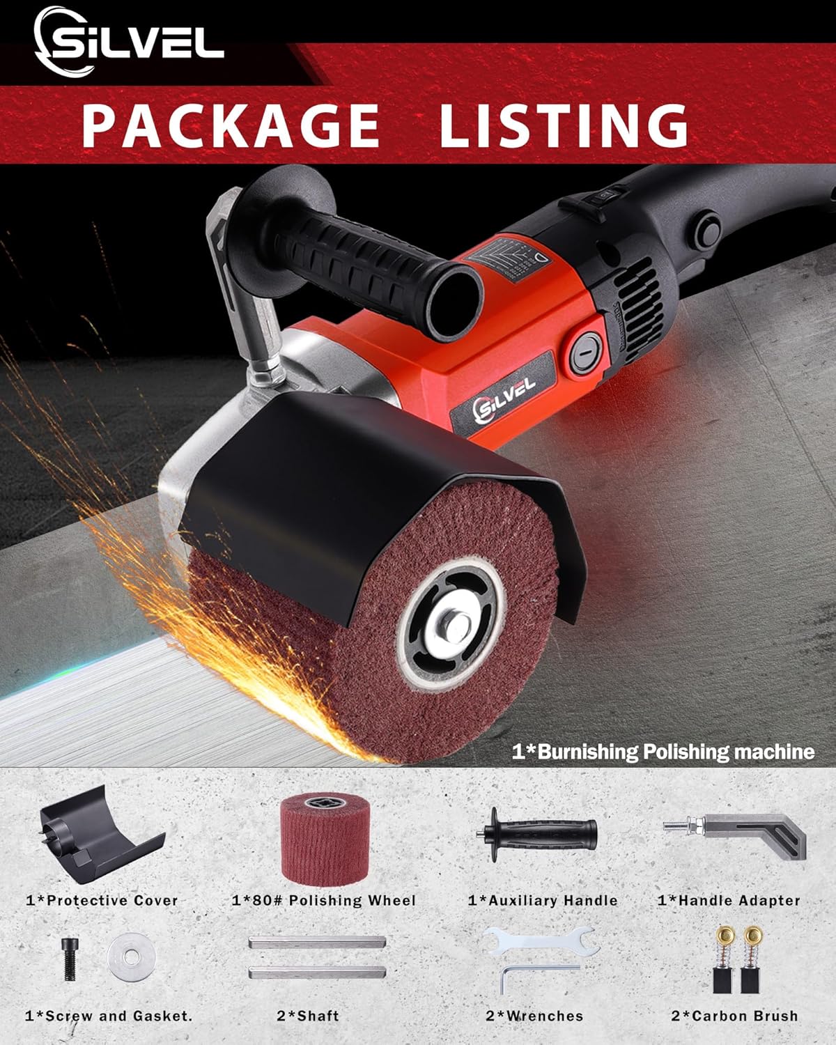 SILVEL 1400W Burnishing Polishing Machine, 110V Handheld Electric Sander Polisher Kit, Stainless Steel Polisher with 6 Speed Adjustable, 500-3000RMP for for Metal, Stainless Steel, Plastic, Wood