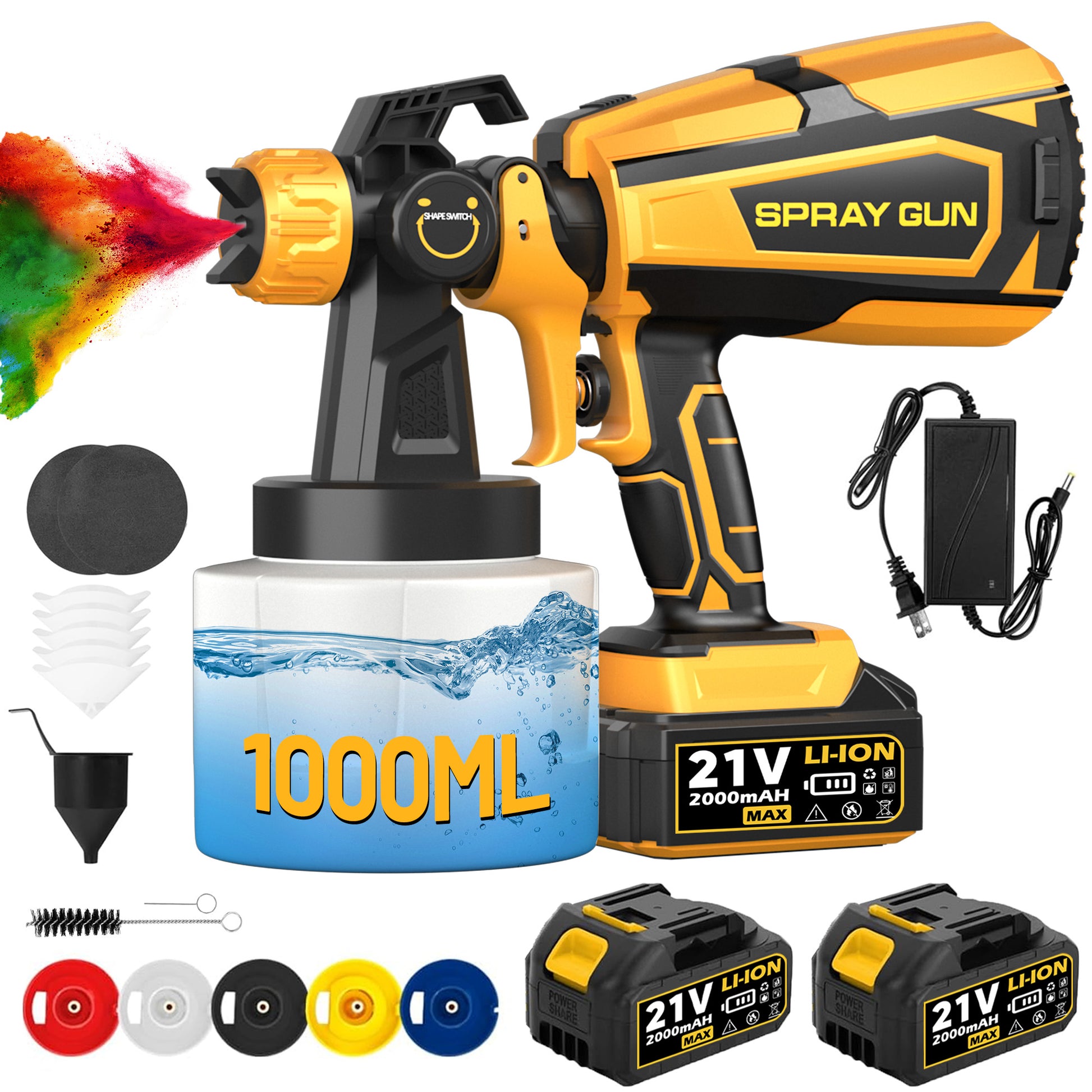 Gewna HVLP Electric Airless Paint Sprayer 1000ml with 2 Batteries for House Painting, Furniture, Cabinets,Fences, Walls & Car Repair Diy(Yellow£©