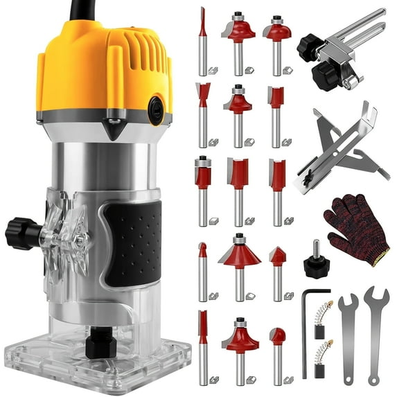 Gewna 800W Compact Wood Router with 1/4" Collet,30000 Rpm & Variable Speed, Includes 15 Pcs Bits,for Trimming,Grooving and Woodworking,Yellow