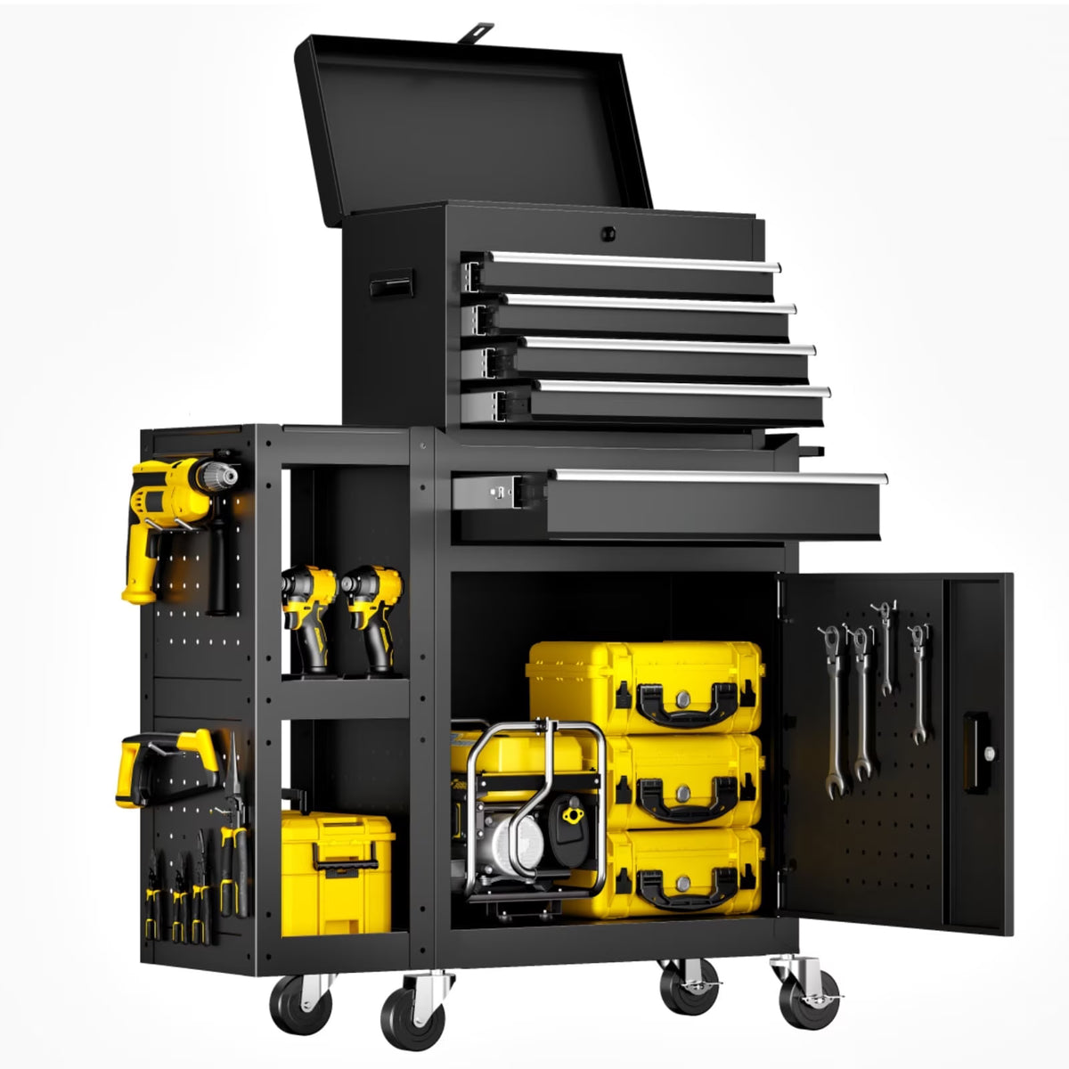 Gewna 5 Drawers Rolling Garage Tool Chest with Locking System,Metal Storage Cart with Side Cabinet,Protective Liner & Tool Rack for Garage Workshop