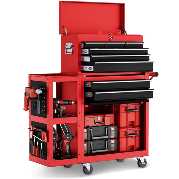 Gewna 8 Drawers Rolling Tool Chest with Locking System,Metal Storage Cart with Side Cabinet,Removable Toolbox Organizer for Workshop,Garage,Red