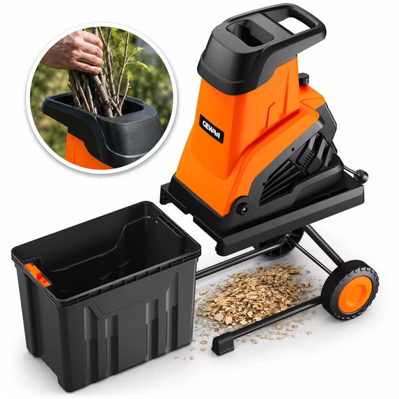 Gewna Wheeled Wood Chipper Shredder 15-Amp Electric Brushless Chipper with 10 gal Collecting Bin for Composting, Mulching,Orange
