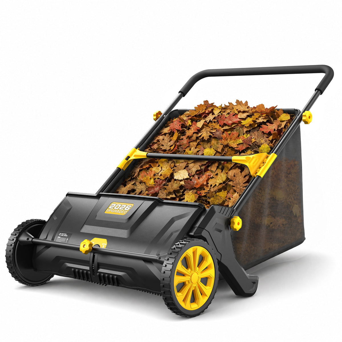 Dkenicor 26-inch Push Lawn Sweeper, Heavy Duty Steel Leaf & Grass Collector with 4.25 cu.ft Mesh Hopper Bag,Yellow