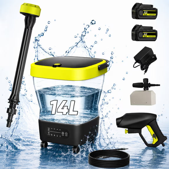 High Pressure Washer with Foldable Water Container & Wheels with 4 Modes of Water Supply, 5.0Ah*2 Batteries, 6-in-1 Adjustable Nozzle, for Car, Camping, Garden,Green