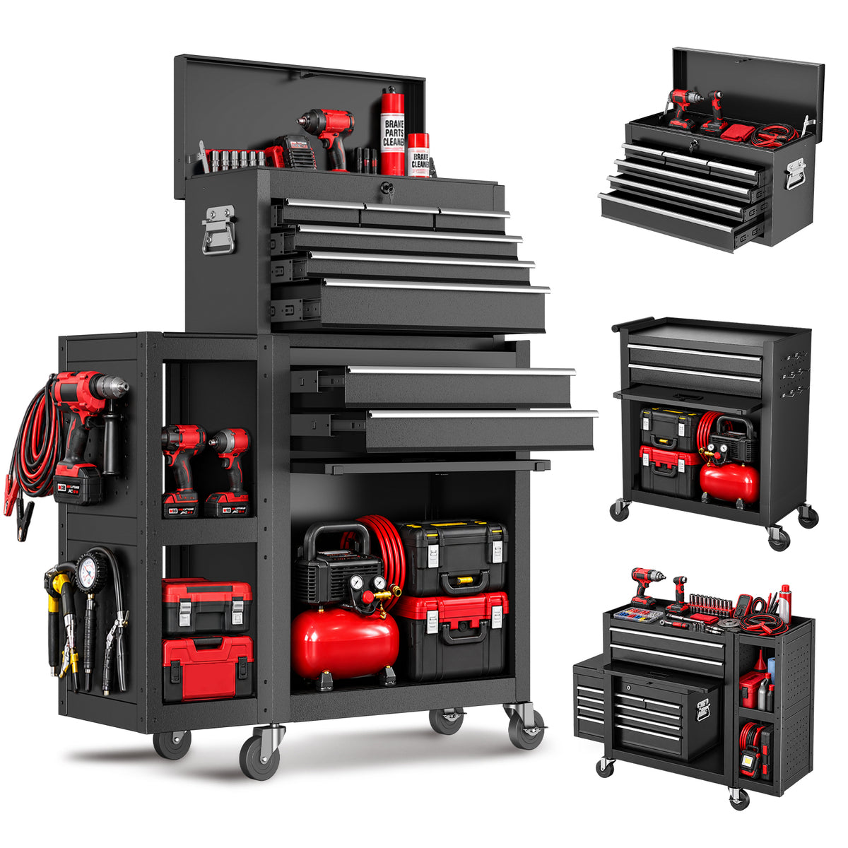 Gewna 8 Drawers Rolling Tool Chest with Locking System,Metal Storage Cart with Side Cabinet,Removable Toolbox Organizer for Workshop,Garage