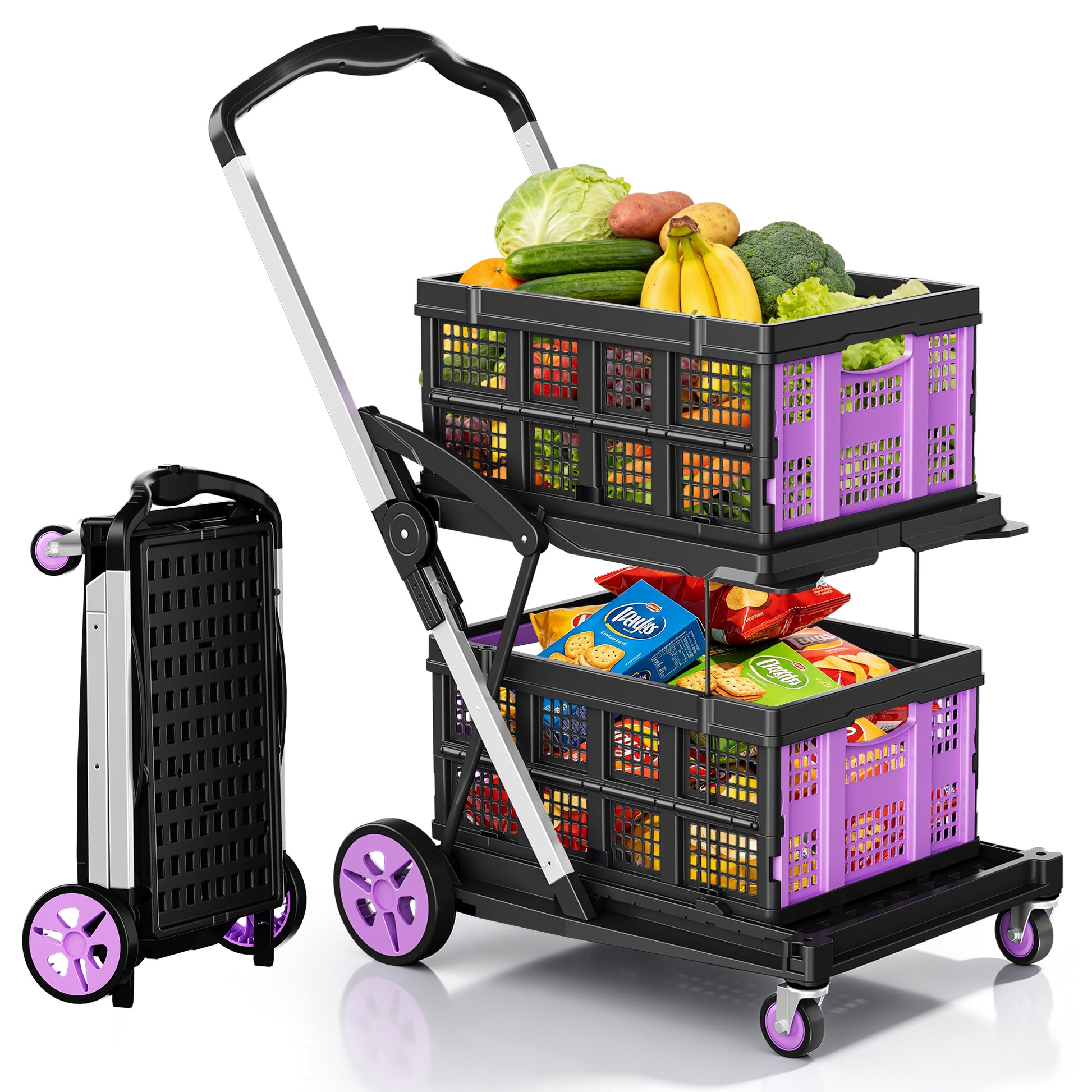 Rvchic Functional Collapsible Carts with 2 Storage Crates,8-in-1 Mobile Folding Trolley with 360°Rolling Wheels for Shopping,Picnic,Warehouse,Purple