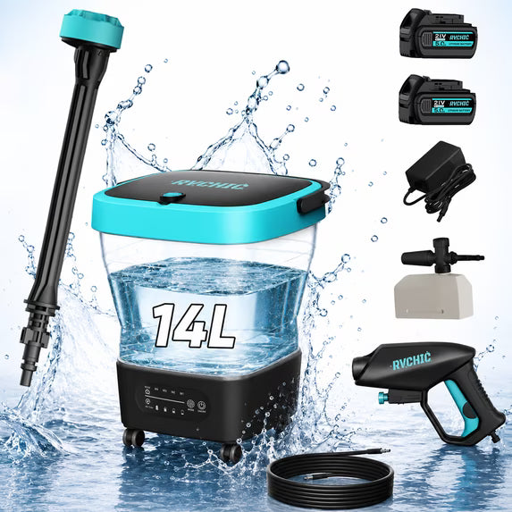 High Pressure Washer with Foldable Water Container & Wheels with 4 Modes of Water Supply, 5.0Ah*2 Batteries, 6-in-1 Adjustable Nozzle, for Car, Camping, Garden