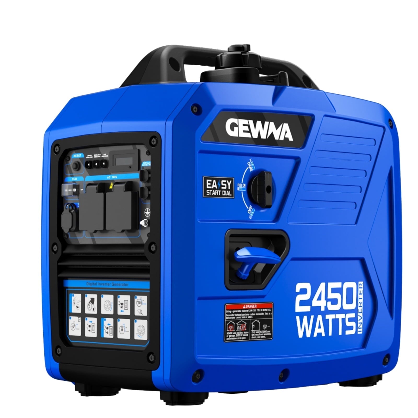 Gewna 2450W Gas Powered Inverter Generator with Included 1.6 Gallon Large Fuel Tank Super Quiet for RV, Camping and Home Blue