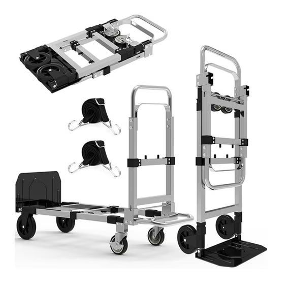 Gewna 2 in 1 Folding Hand Truck with Retractable Handle and 4 Rubber Wheels, Heavy Duty Dolly Cart 600lbs Load Capacity for Moving,Travel,Office Use,Black
