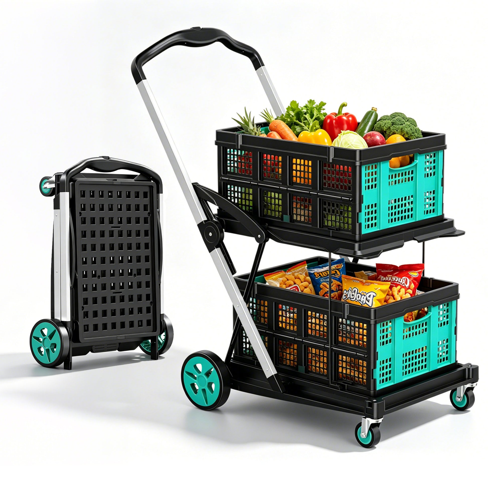 Rvchic Functional Collapsible Carts with 2 Storage Crates,8-in-1 Mobile Folding Trolley with 360¡ãRolling Wheels for Shopping,Picnic,Warehouse,Blue