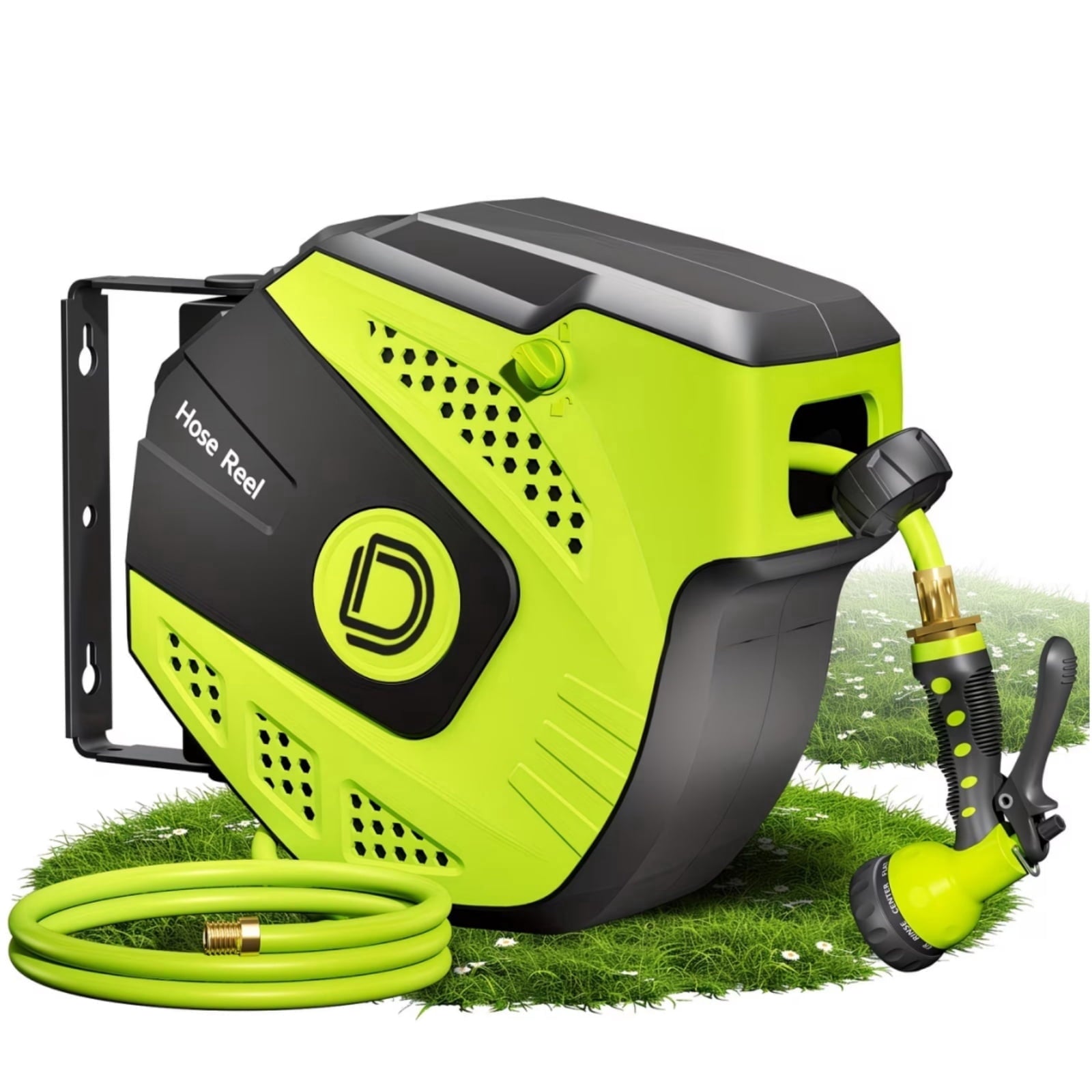 Dkenicor 5/16 70FT Retractable Wall Mount Garden Hose Reel,10 Pattern Nozzle,Automatic Self Retract&Any Length Lock,for Garden,Patio,Yard Use,Green