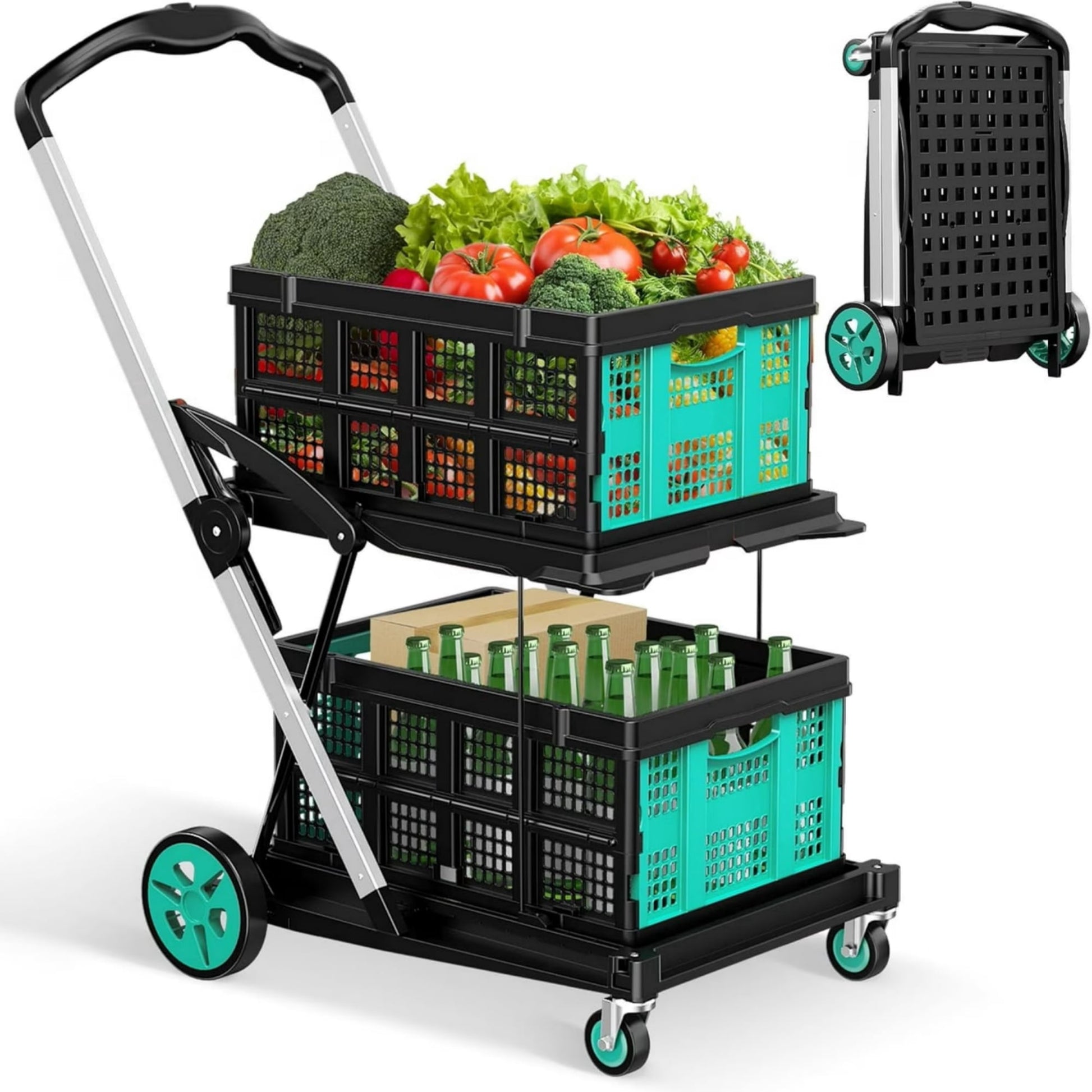 Dkenicor Folding Shopping Cart with 2 Storage Crates,Collapsible Cart with 360¡ãRolling Wheels,8-in-1 Mobile Folding Trolley for Shopping,Picnic and Office,Blue
