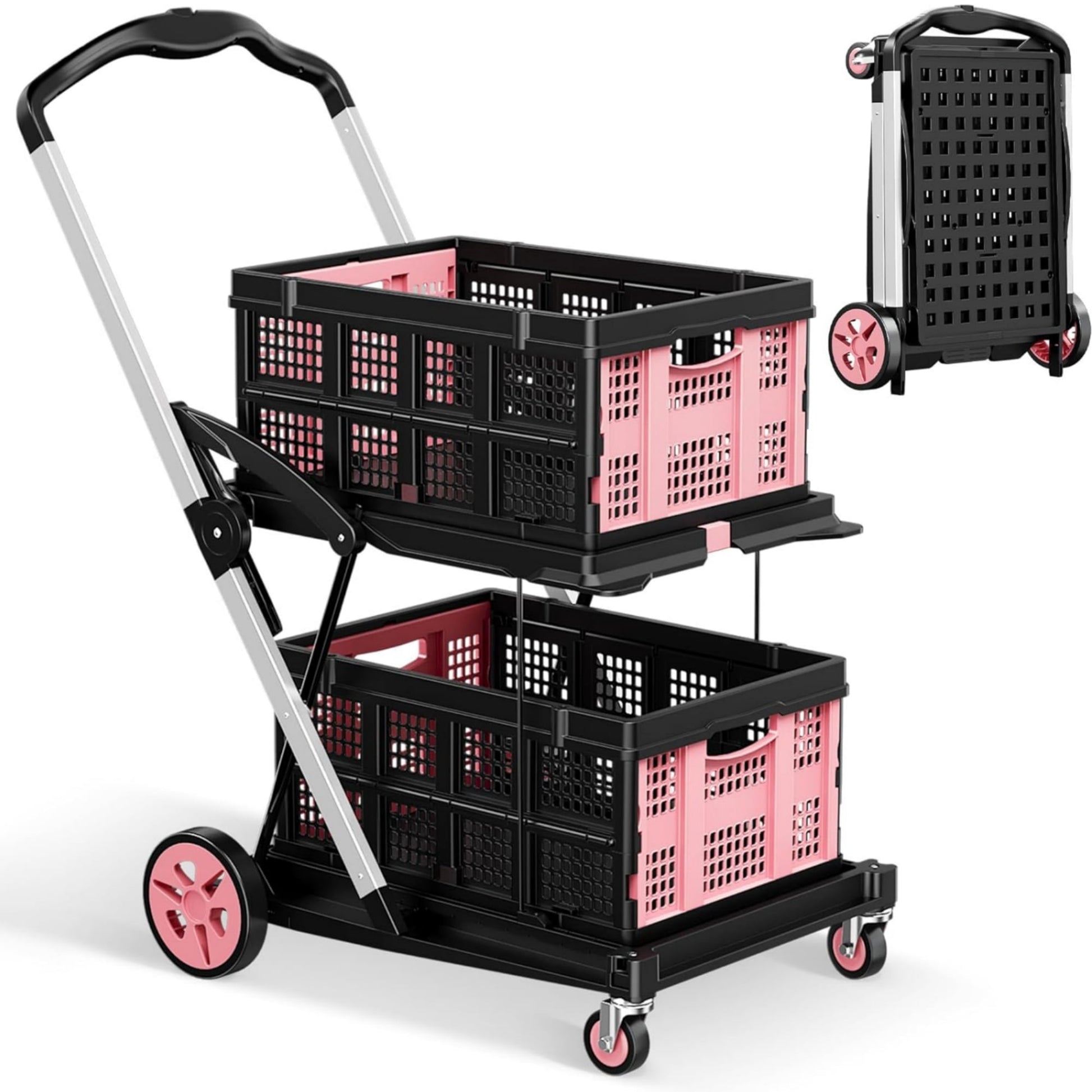 Dkenicor Folding Shopping Cart with 2 Storage Crates,Collapsible Cart with 360¡ãRolling Wheels,8-in-1 Mobile Folding Trolley for Shopping,Picnic and Office,Green,Pink