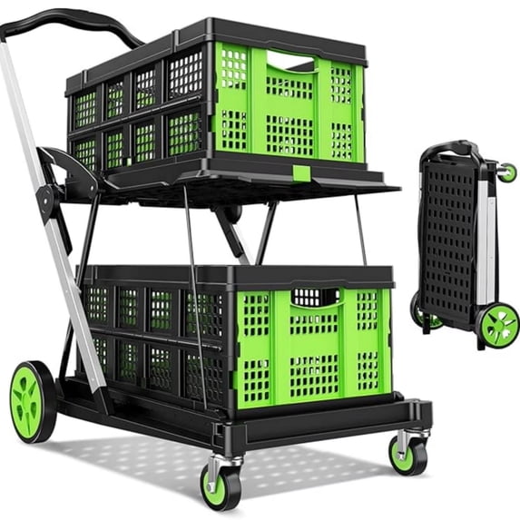 Dkenicor Folding Shopping Cart with 2 Storage Crates,Collapsible Cart with 360¡ãRolling Wheels,8-in-1 Mobile Folding Trolley for Shopping,Picnic and Office,Green