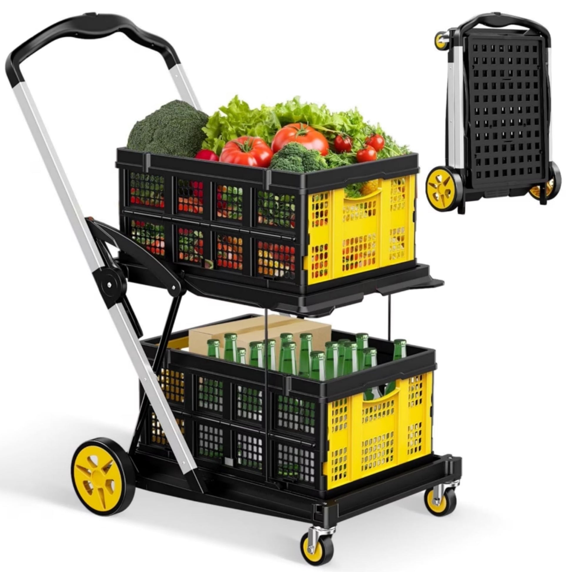 Dkenicor Folding Shopping Cart with 2 Storage Crates,Collapsible Cart with 360¡ãRolling Wheels,8-in-1 Mobile Folding Trolley for Shopping,Picnic and Office,Yellow