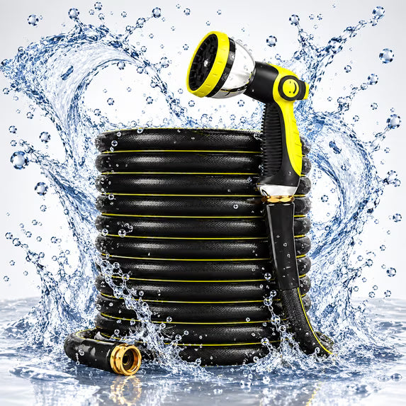 Gewna 5/8''x 200 ft Heavy-Duty Garden Hose Burst Proof Rubber 3 Layer Water Hose with 10 Pattern Spray Nozzle
