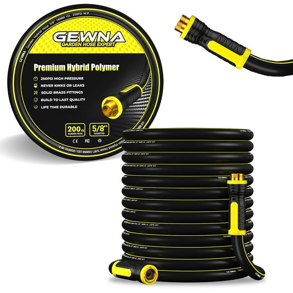 Gewna 5/8''x 200 ft Heavy-Duty Garden Hose Burst Proof Rubber 3 Layer Water Hose with 10 Pattern Spray Nozzle