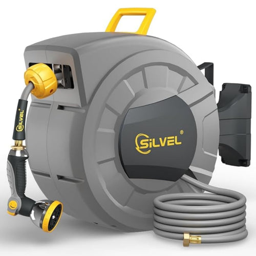 Gewna 1/2 in x 100 ft Retractable Wall Mounted Garden Hose Reel with 10 Pattern Nozzle, Any Length Lock, Slow Return System, 180¡ãSwivel Bracket Dark Grey