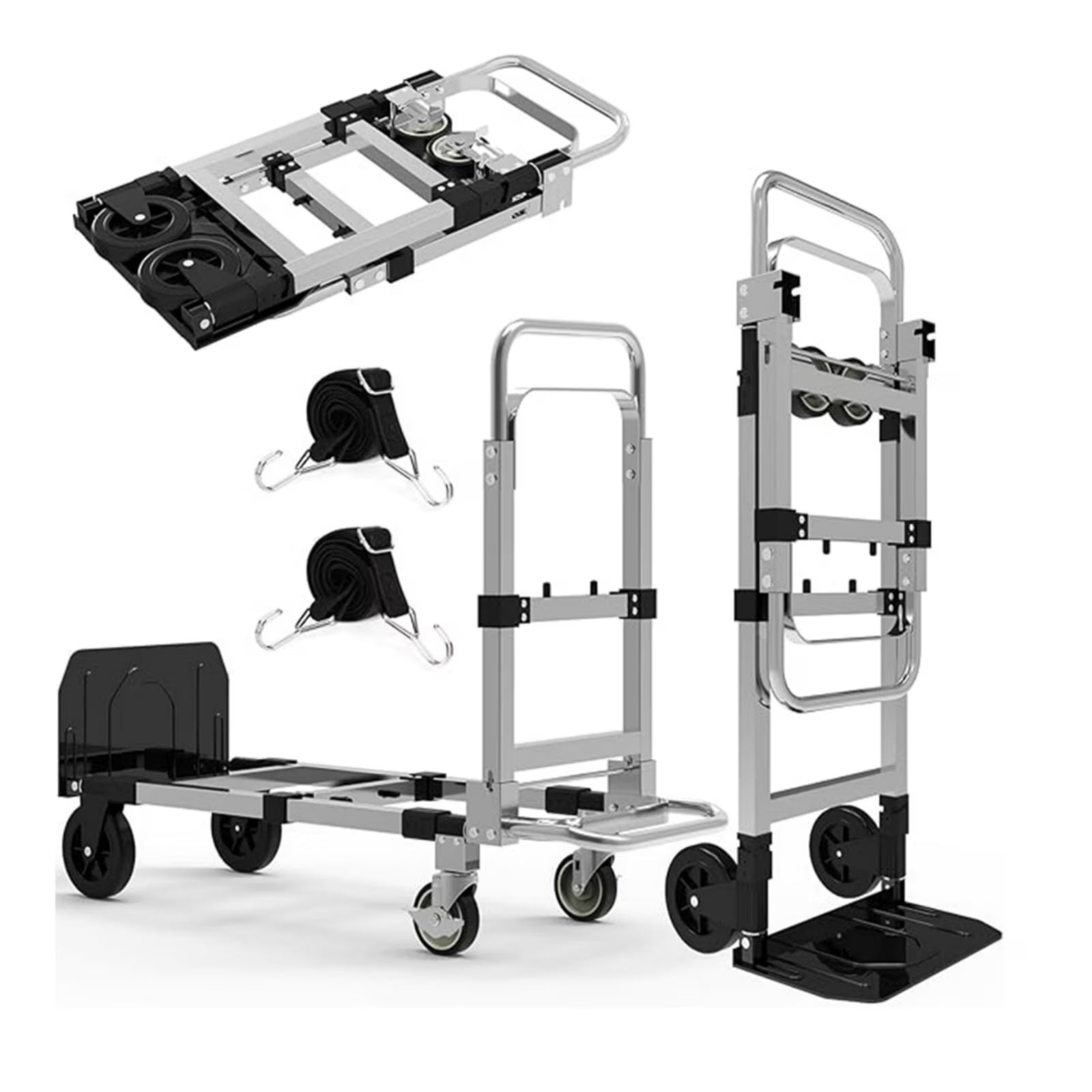 Gewna 2 in 1 Folding Hand Truck with Retractable Handle and 4 Rubber Wheels, Heavy Duty Dolly Cart 600lbs Load Capacity for Moving,Travel,Office Use,Black