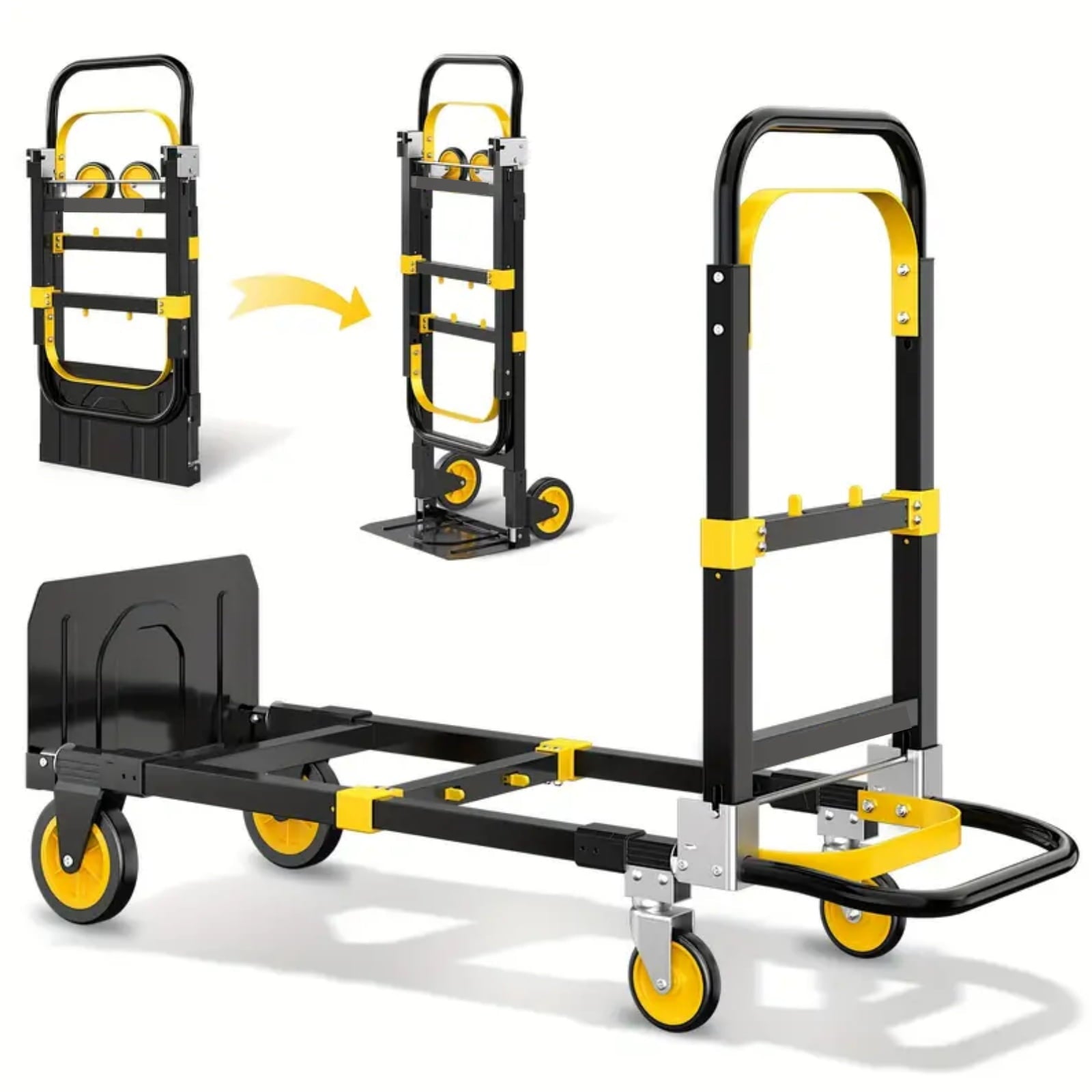 Gewna 2 in 1 Folding Hand Truck with Retractable Handle and 4 Rubber Wheels, Heavy Duty Dolly Cart 600lbs Load Capacity for Moving,Travel,Office Use