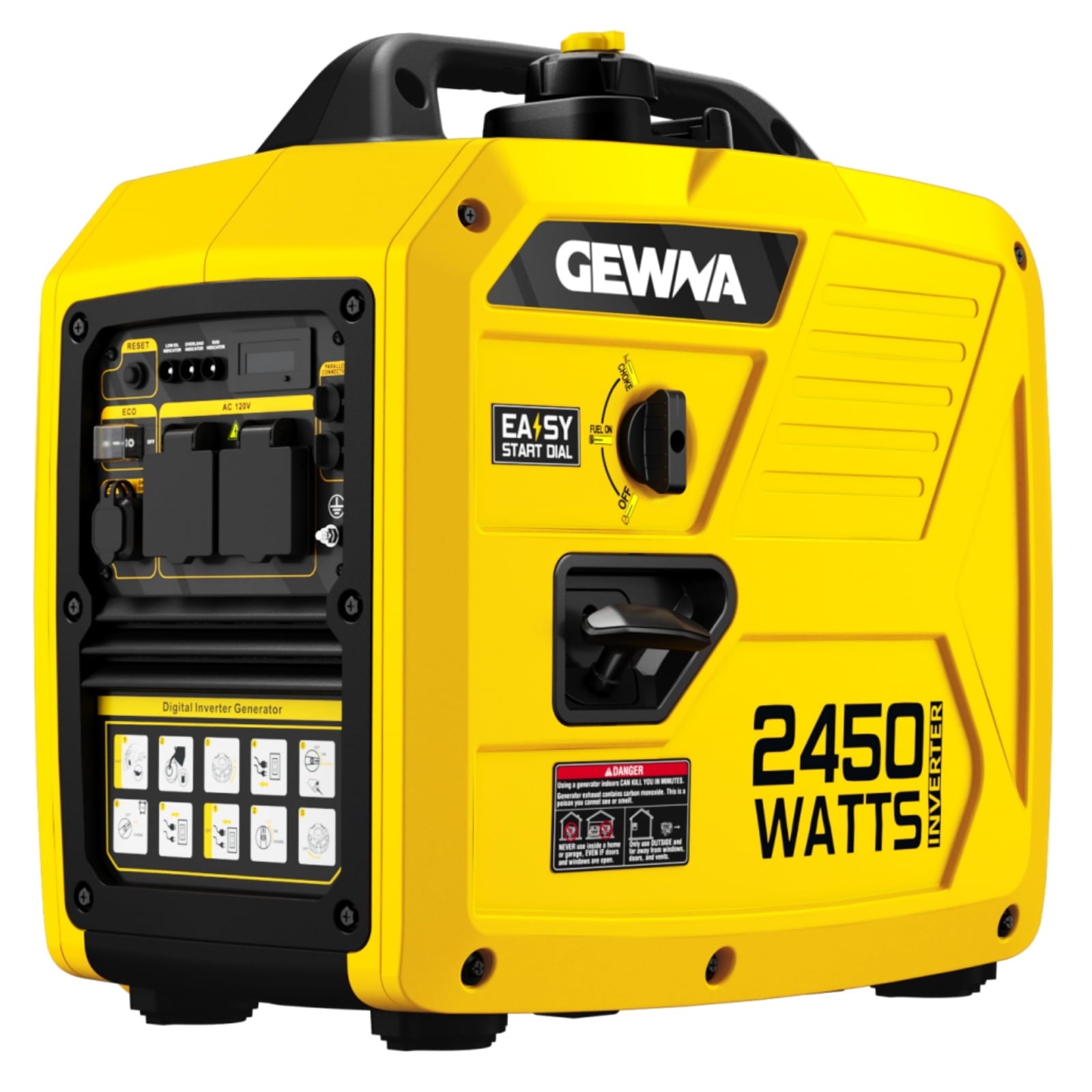 Gewna 2450W Gas Portable Inverter Generator with Included 1.6 Gallon Large Fuel Tank Super Quiet for RV, Camping and Home Yellow