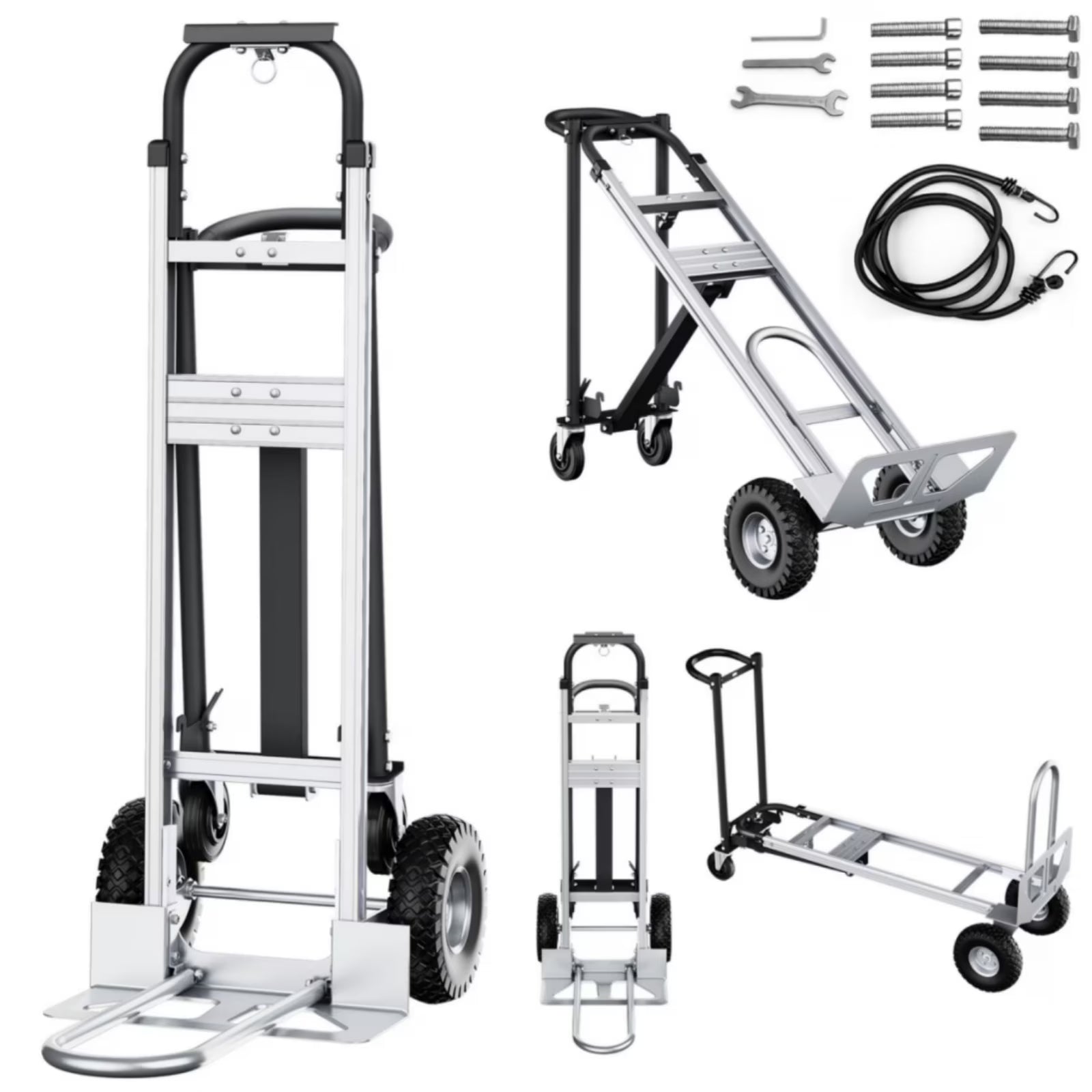 Gewna 3 in 1 Folding Hand Truck with Retractable Handle and 4 Rubber Wheels, Heavy Duty Dolly Cart 800lbs Load Capacity for Moving,Travel,Office Use,Black