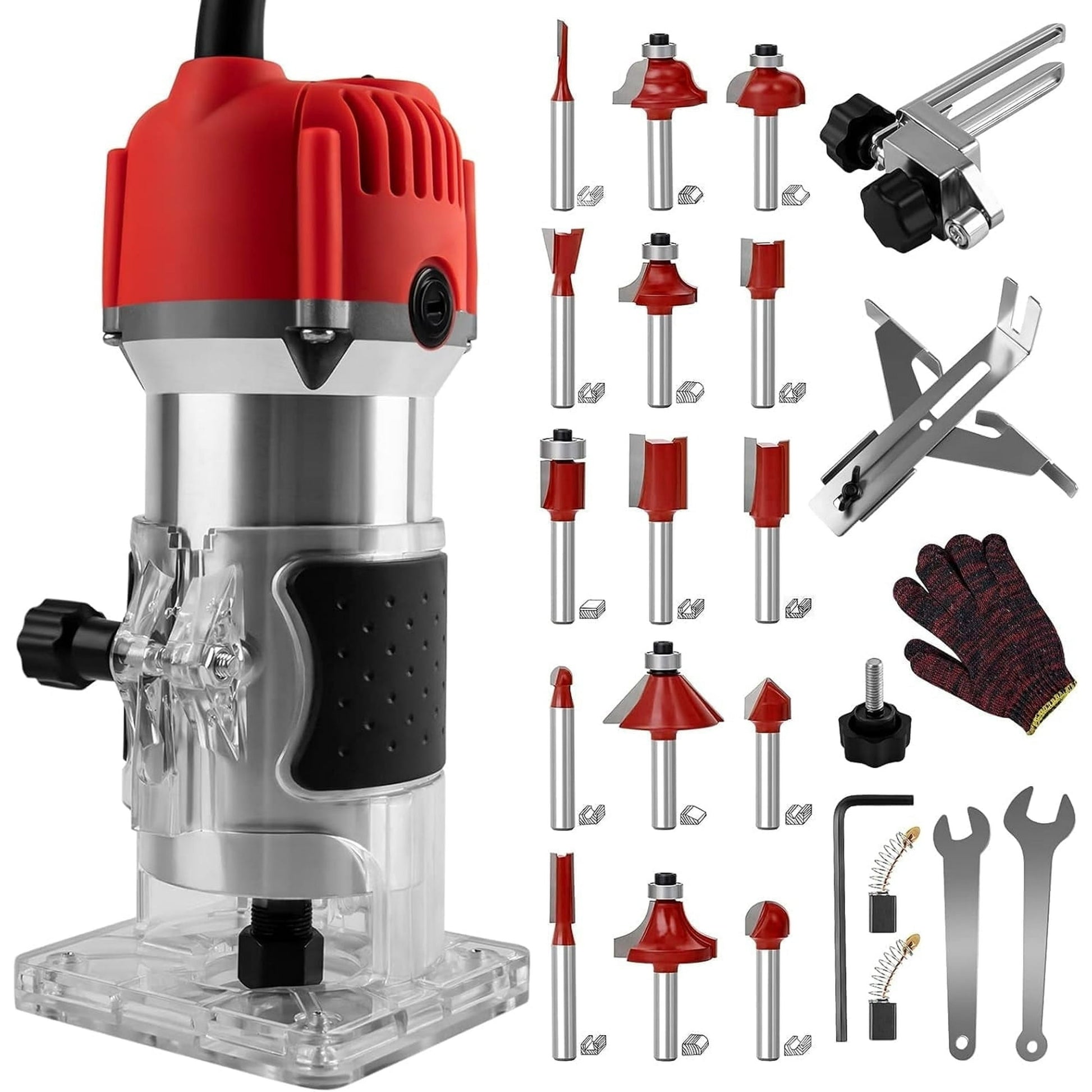 Gewna 800W Compact Wood Router with 1/4" Collet,30000 Rpm & Variable Speed, Includes 15 Pcs Bits ,for Trimming, Grooving and Woodworking,Red