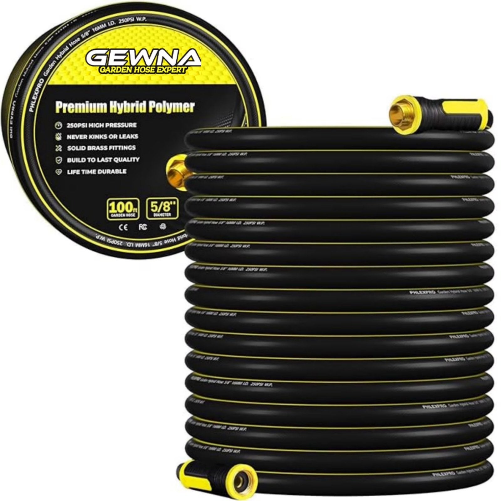 Gewna 5/8''x 100 ft Heavy-Duty Garden Hose Burst Proof Rubber 3 Layer Water Hose 250 Psi