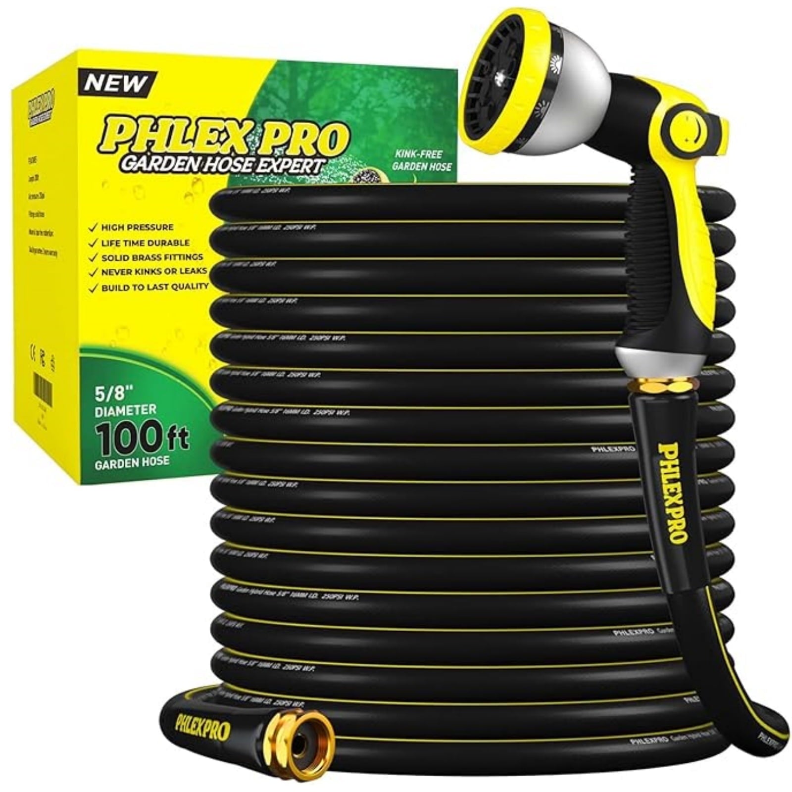 Gewna 5/8''x 100 ft Heavy-Duty Garden Hose Burst Proof Rubber 3 Layer Water Hose with 10 Pattern Spray Nozzle