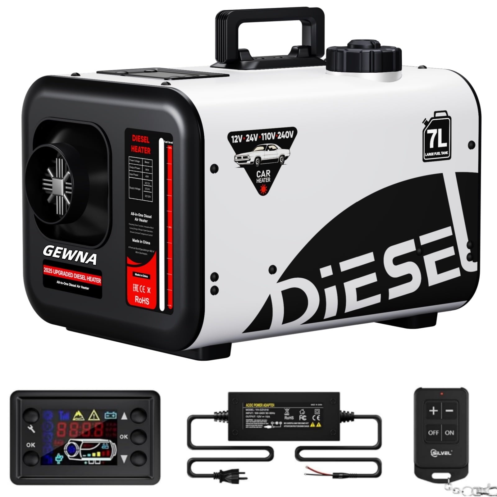 Gewna 8KW All-in-One Diesel Air Heater with Multi-Voltage Support (12V/24V/110V/240V) & LCD Remote - Fast 7L Parking Heater for RV, Home, and Car,White