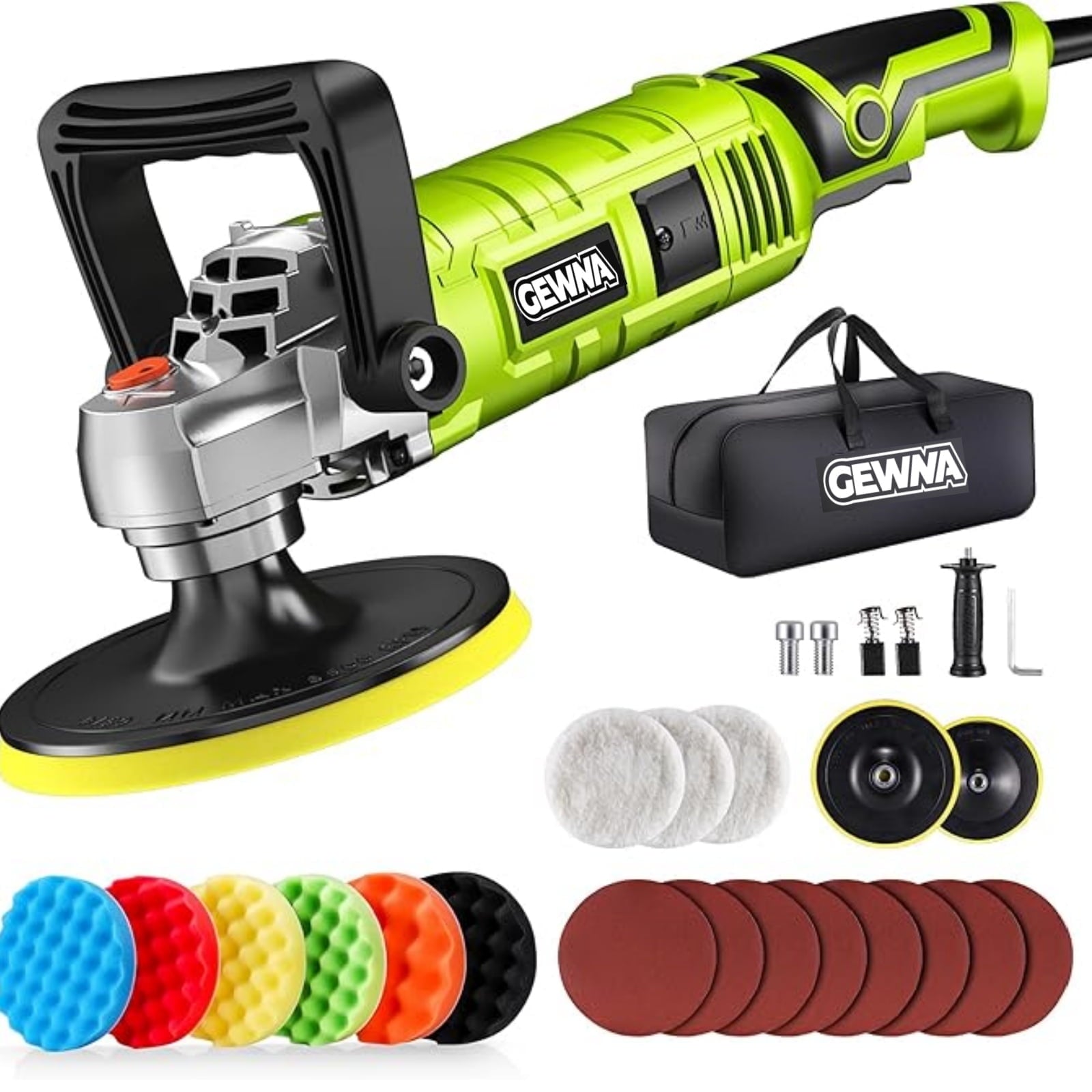 Gewna Car Buffer Polisher, 1600W 7 inch/6 inch Rotary Buffer Polisher with 7 Variable Speed 1000-3500 Rpm GREEN