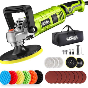 Gewna Car Buffer Polisher, 1600W 7 inch/6 inch Rotary Buffer Polisher with 7 Variable Speed 1000-3500 Rpm GREEN