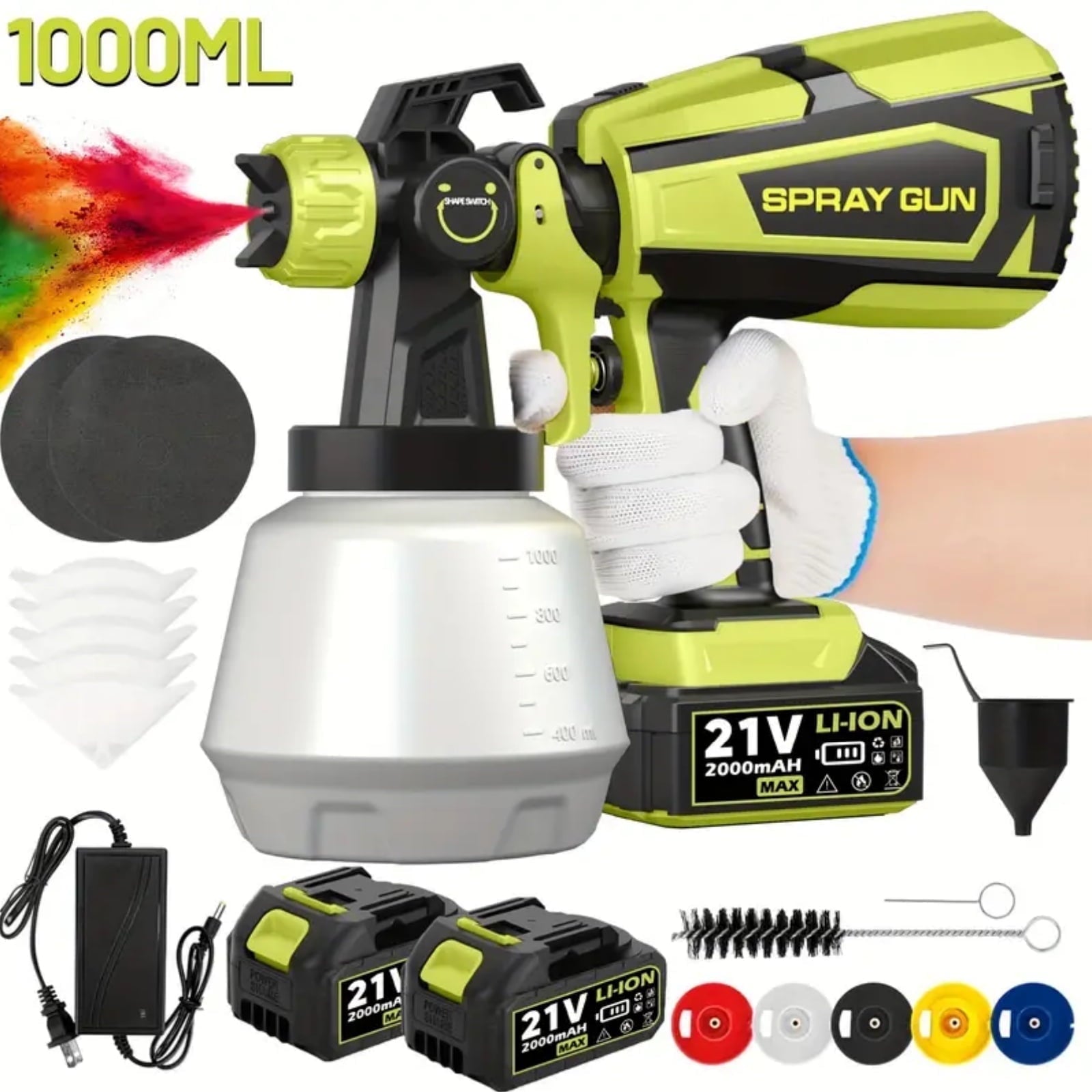 Gewna HVLP Electric Airless Paint Sprayer 1000ml with 2 Batteries for House Painting, Furniture, Cabinets,Fences, Walls & Car Repair Diy(Green£©