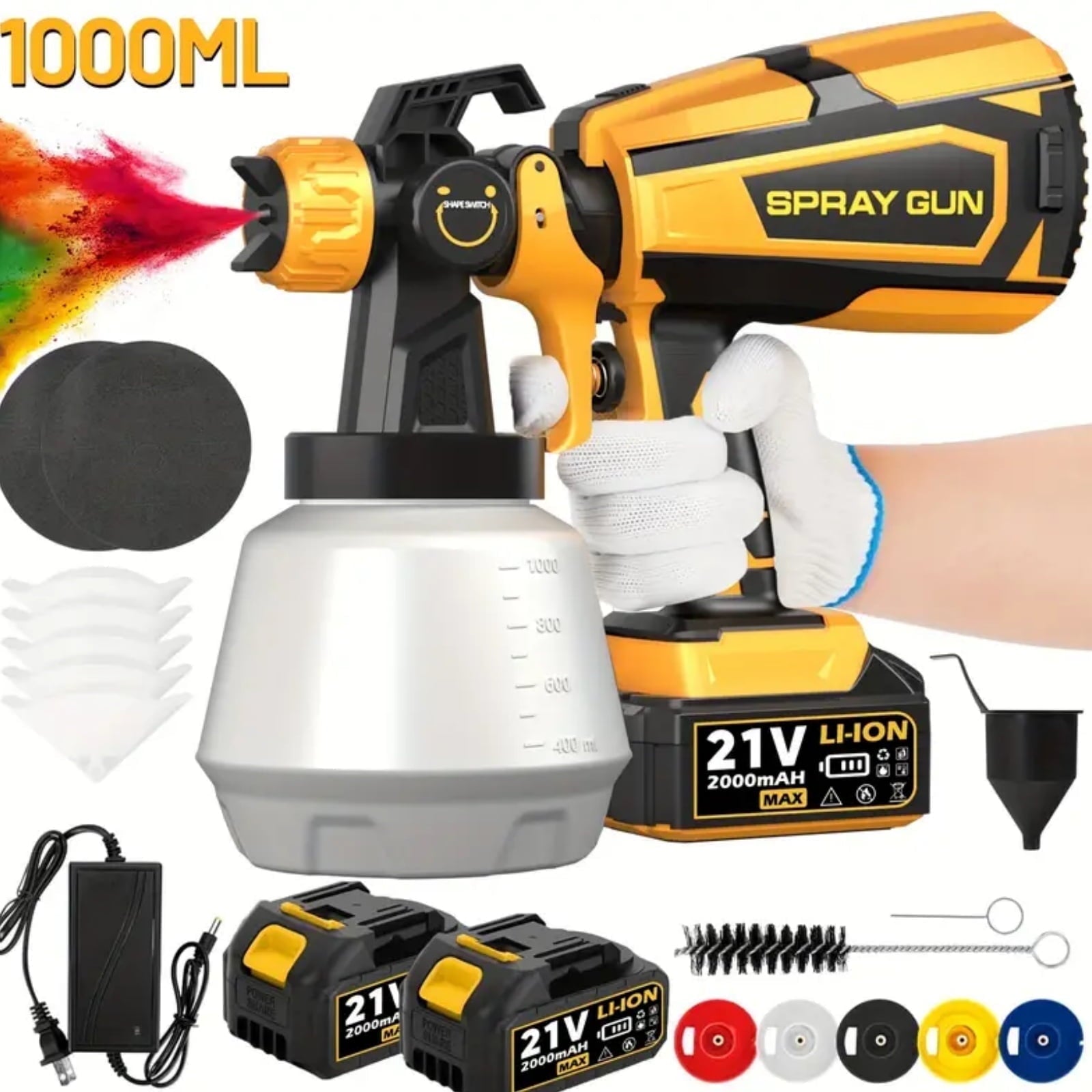 Gewna HVLP Electric Airless Paint Sprayer 1000ml with 2 Batteries for House Painting, Furniture, Cabinets,Fences, Walls & Car Repair Diy(Yellow£©