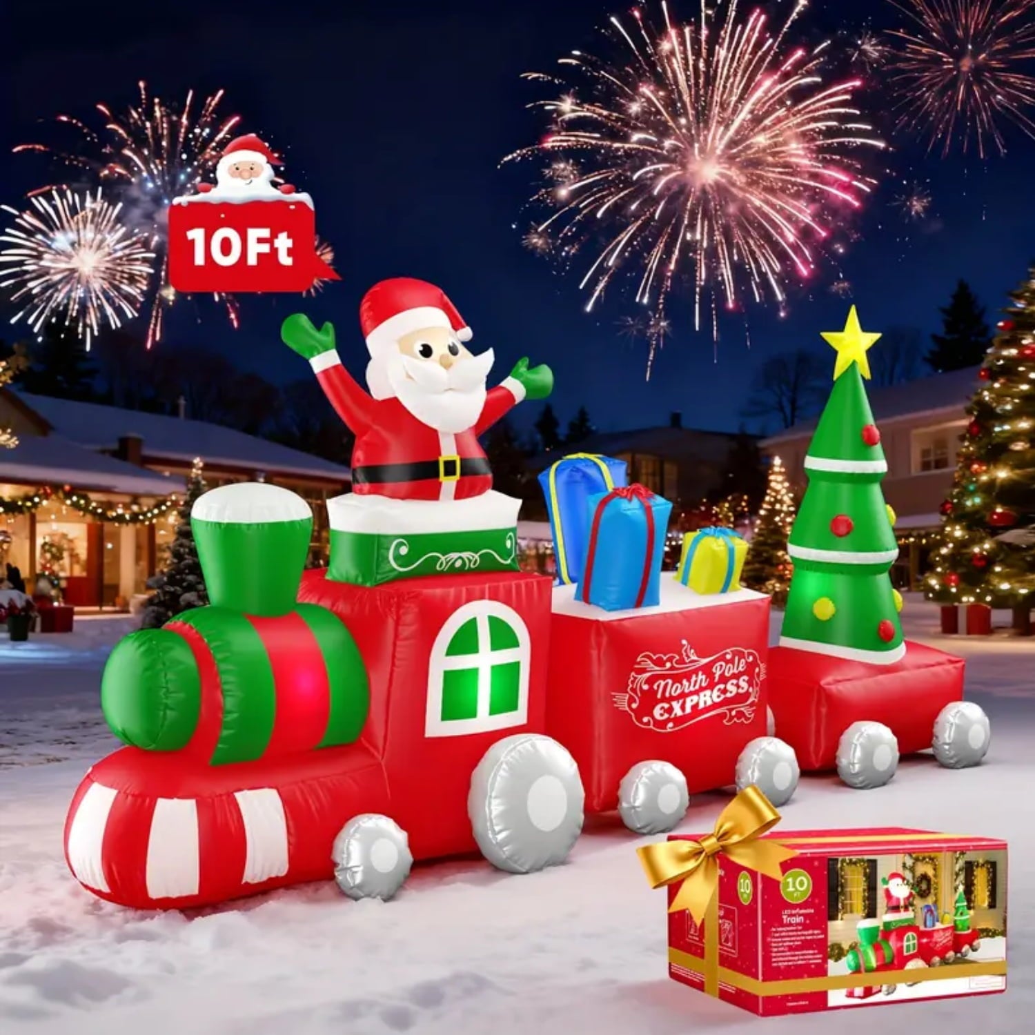 Rvchic 10ft Outdoor Christmas Inflatables Train with Santa Claus,Christmas Trees&Built-in Lights,for Lawn,Yard,Party,Garden Decoration