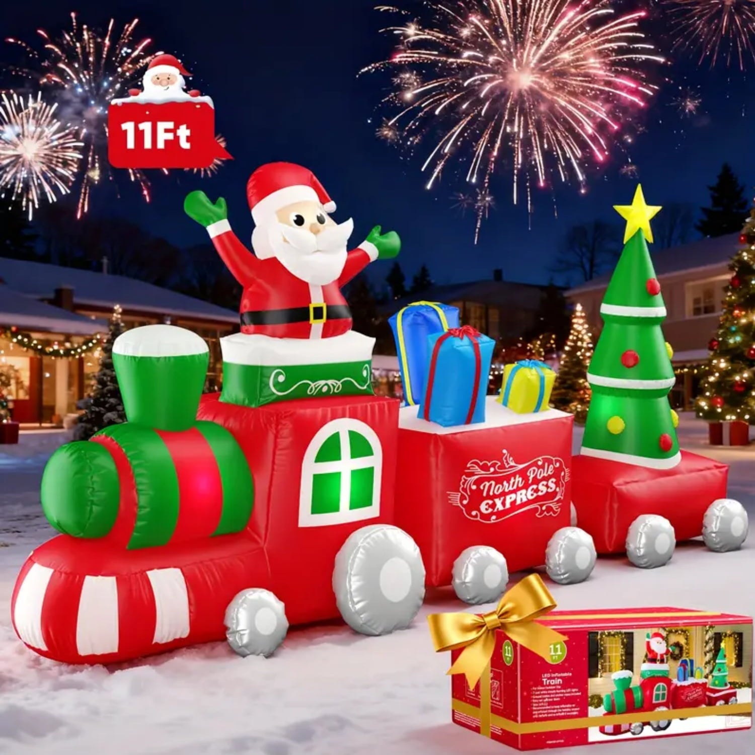 Rvchic 11ft Outdoor Christmas Inflatables Train with Santa Claus,Christmas Trees&Built-in Lights,for Lawn,Yard,Party,Garden Decoration
