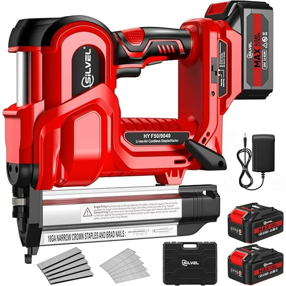 Rvchic 2-in-1 Cordless Electric Brad Nailer with 2 * 2.0Ah Battery for Upholstery,Carpentry and Woodworking,1000pcs Nails,18GA Staples Included,Red