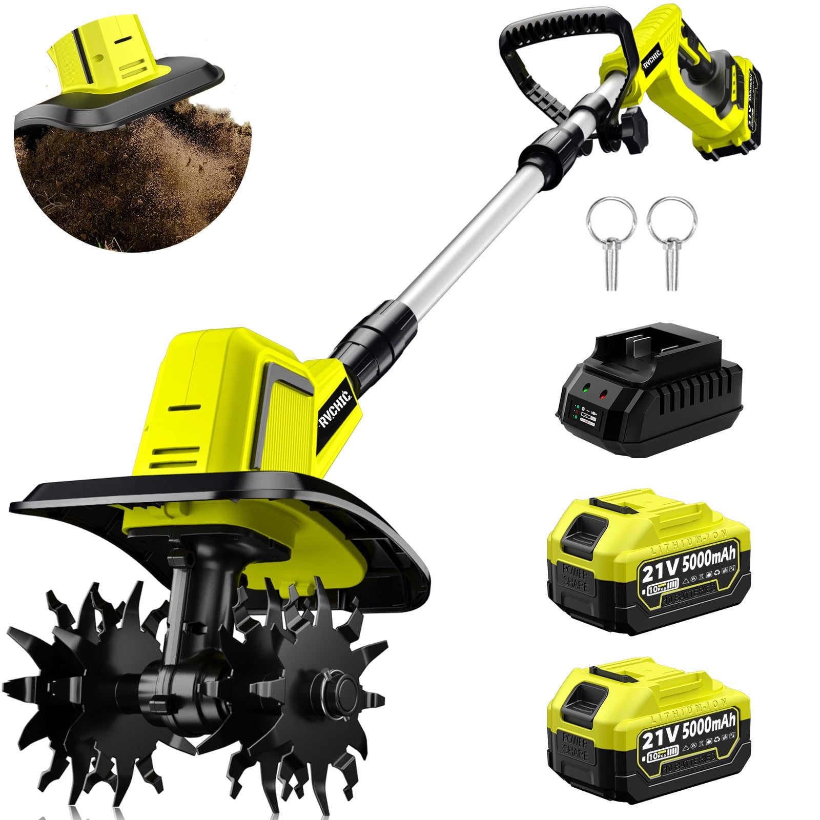 Rvchic 21V Cordless Tiller Cultivator with 2x5000mAh Batteries,720RPM High-Speed, 7"Depth for Lawn/Gardening/Soil Cultivation 4 Blades,Green