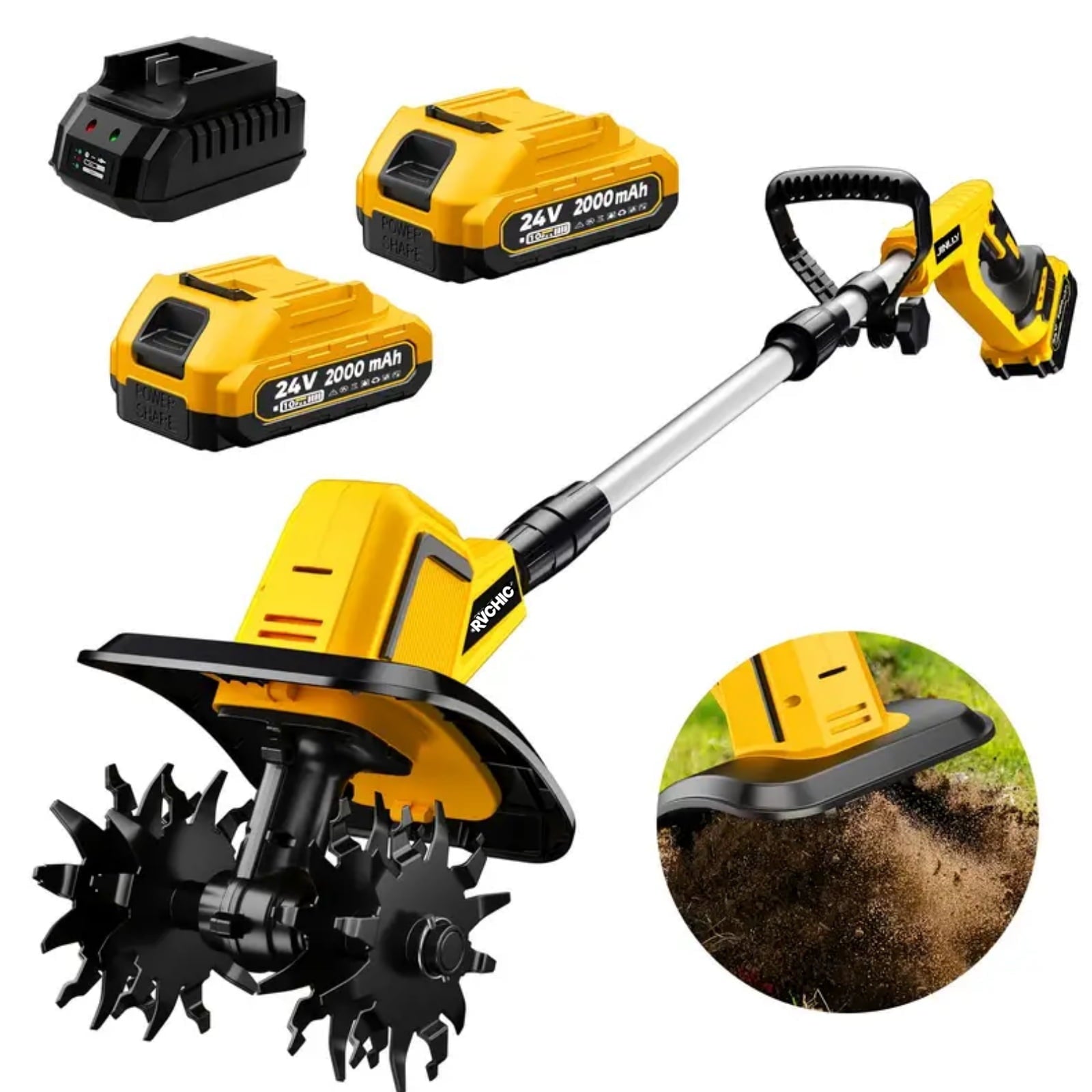 Rvchic 24V Cordless Tiller Cultivator with 2x2000mAh Batteries,360RPM High-Speed,4"Width x 6"Depth for Lawn/Gardening/Soil Cultivation 4 Blades