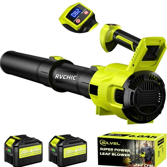 Rvchic 24V Cordless Turbo Leaf Blower with LCD Screen,Variable Speeds Leaf Blower with 2x6.0Ah Battery and Quick Charger,for Yard,Lawn,Garage & Garden,750CFM