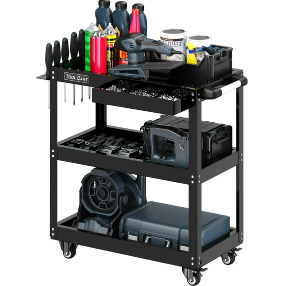 Rvchic 3 Shelves Steel Utility Rolling Cart 330 Lbs Capacity, for Garage, Workshop, Warehouse & Repair Shop Black
