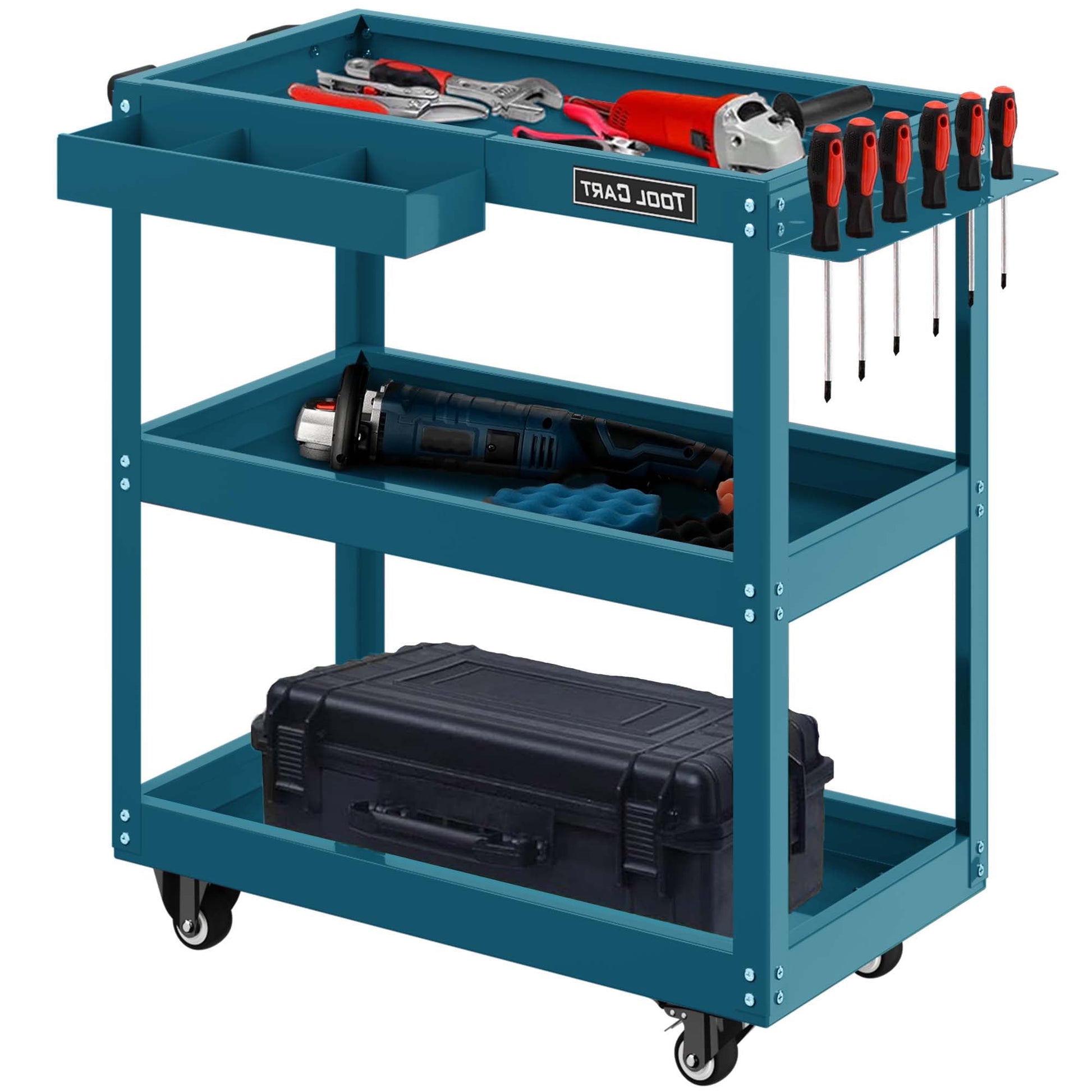 Rvchic 3 Shelves Steel Utility Rolling Cart 330 Lbs Capacity, for Garage, Workshop, Warehouse & Repair Shop Blue