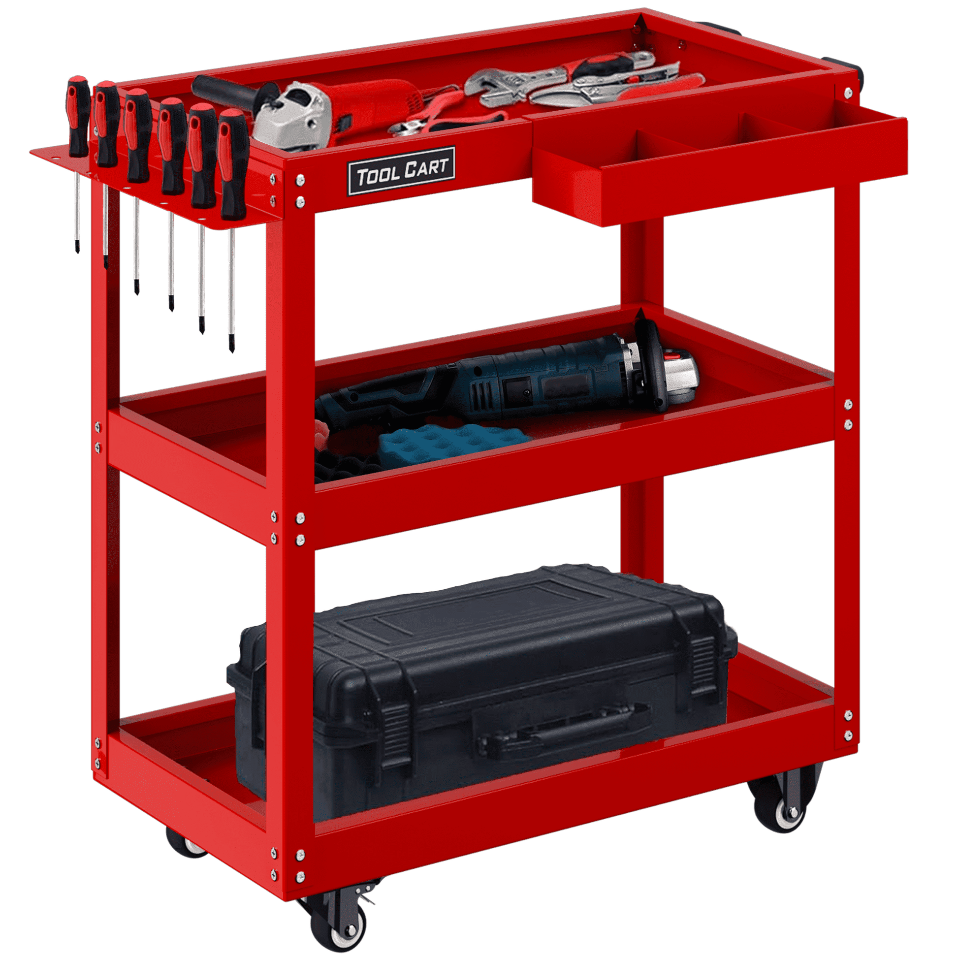 Rvchic 3 Shelves Steel Utility Rolling Cart 330 Lbs Capacity, for Garage, Workshop, Warehouse & Repair Shop Red