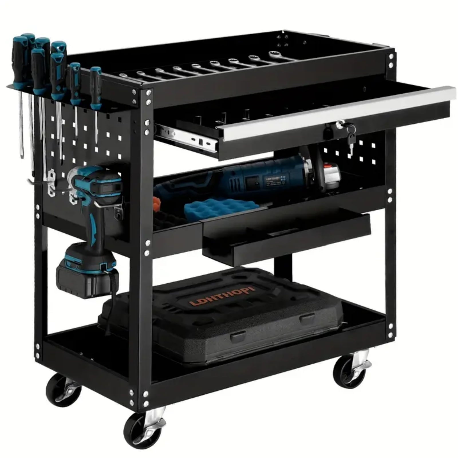 Rvchic 3 Tier Heavy Duty Utility Cart,Metal Industrial Service Rolling Carts with Locked Drawers for Garage, Warehouse and Repair Shop£¨Black£©