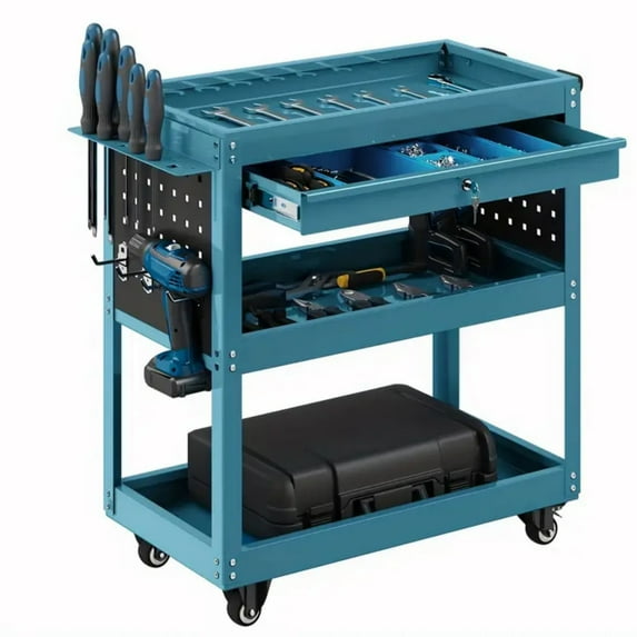 Rvchic 3 Tier Heavy Duty Utility Cart,Metal Industrial Service Rolling Carts with Locked Drawers for Garage, Warehouse and Repair Shop£¨Blue£©