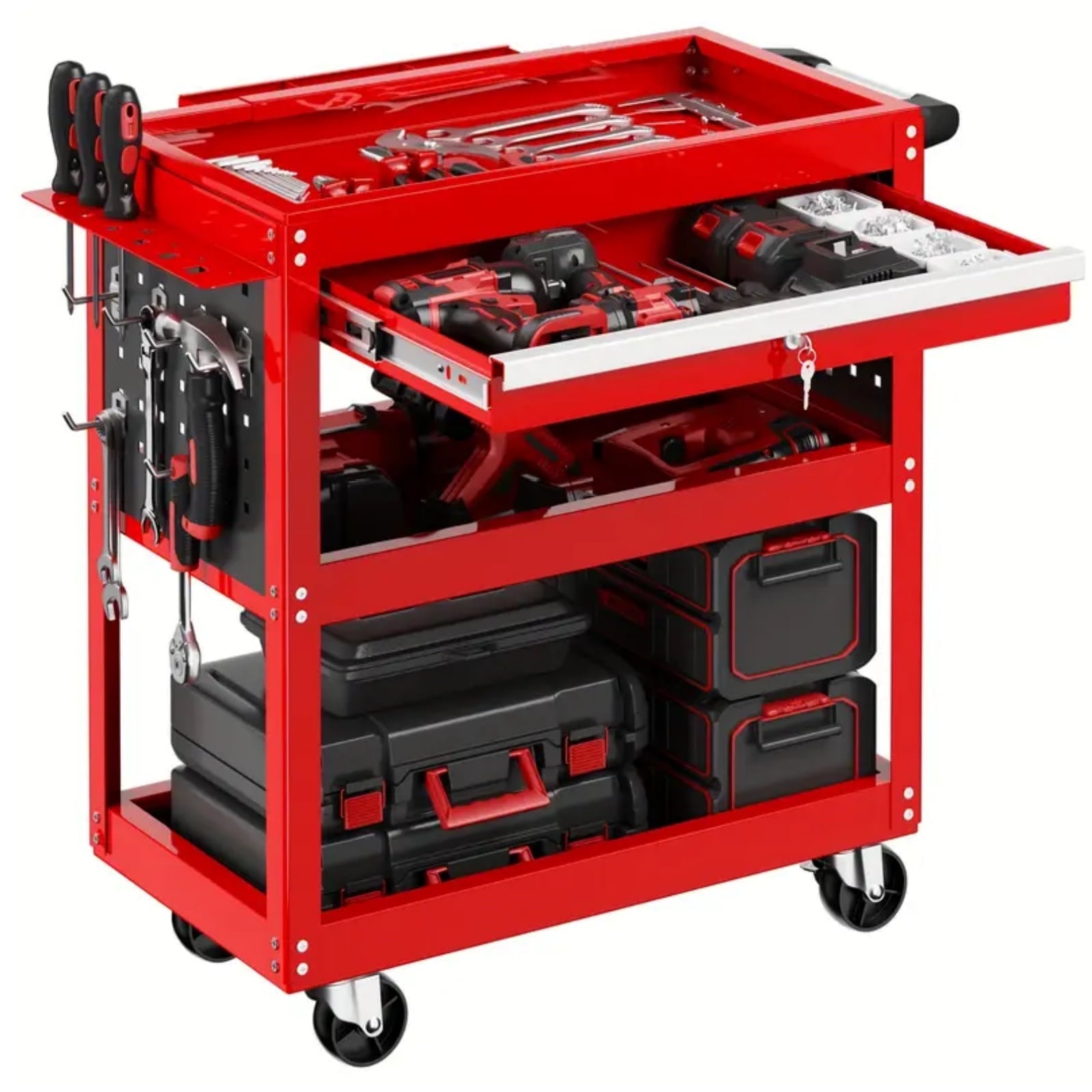 Rvchic 3 Tier Heavy Duty Utility Cart,Metal Industrial Service Rolling Carts with Locked Drawers for Garage, Warehouse and Repair Shop£¨Red£©