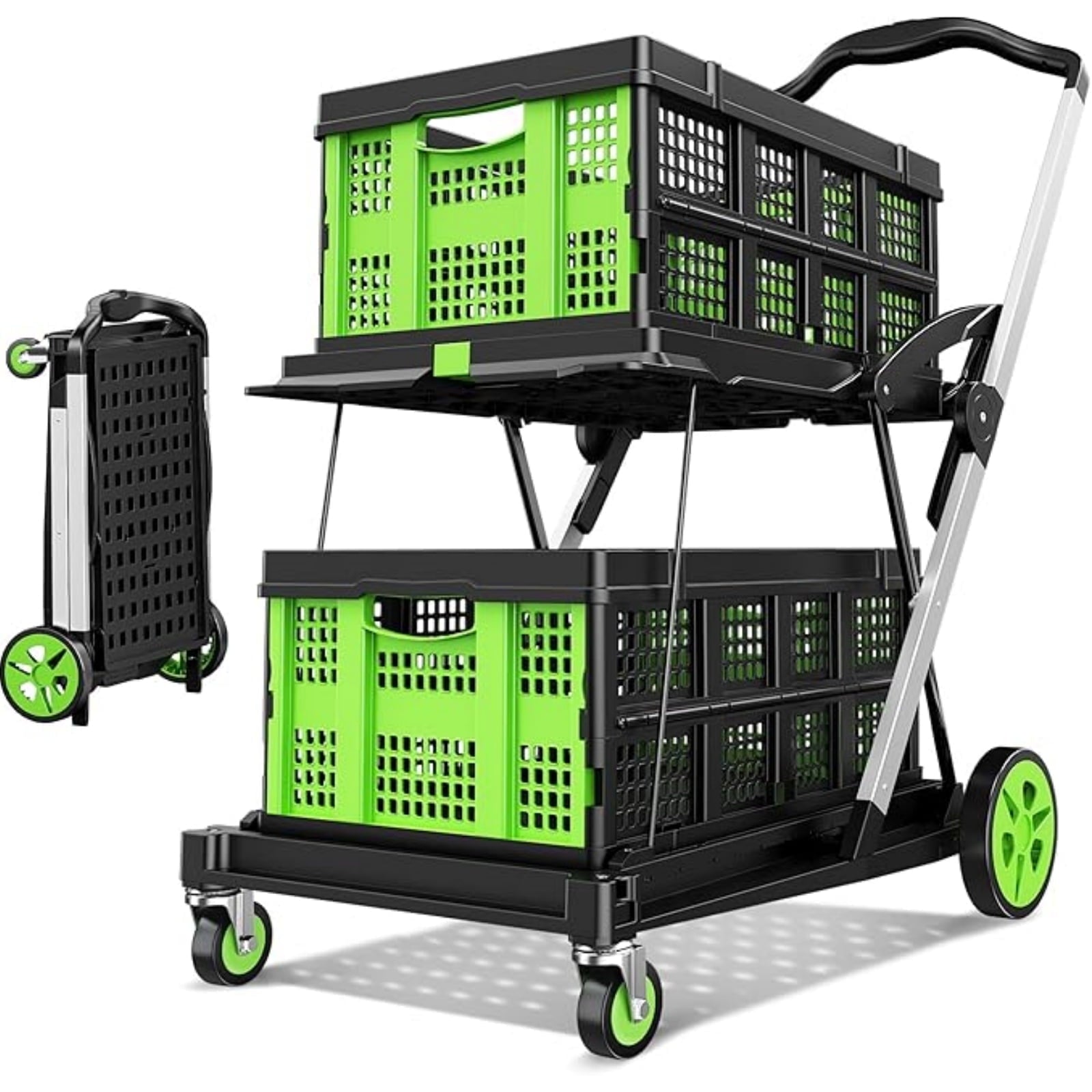 Rvchic Functional Collapsible Carts with 2 Storage Crates,8-in-1 Mobile Folding Trolley with 360¡ãRolling Wheels for Shopping,Picnic,Warehouse,Green