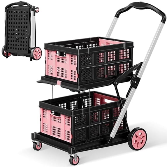 Rvchic Functional Collapsible Carts with 2 Storage Crates,8-in-1 Mobile Folding Trolley with 360¡ãRolling Wheels for Shopping,Picnic,Warehouse,Pink