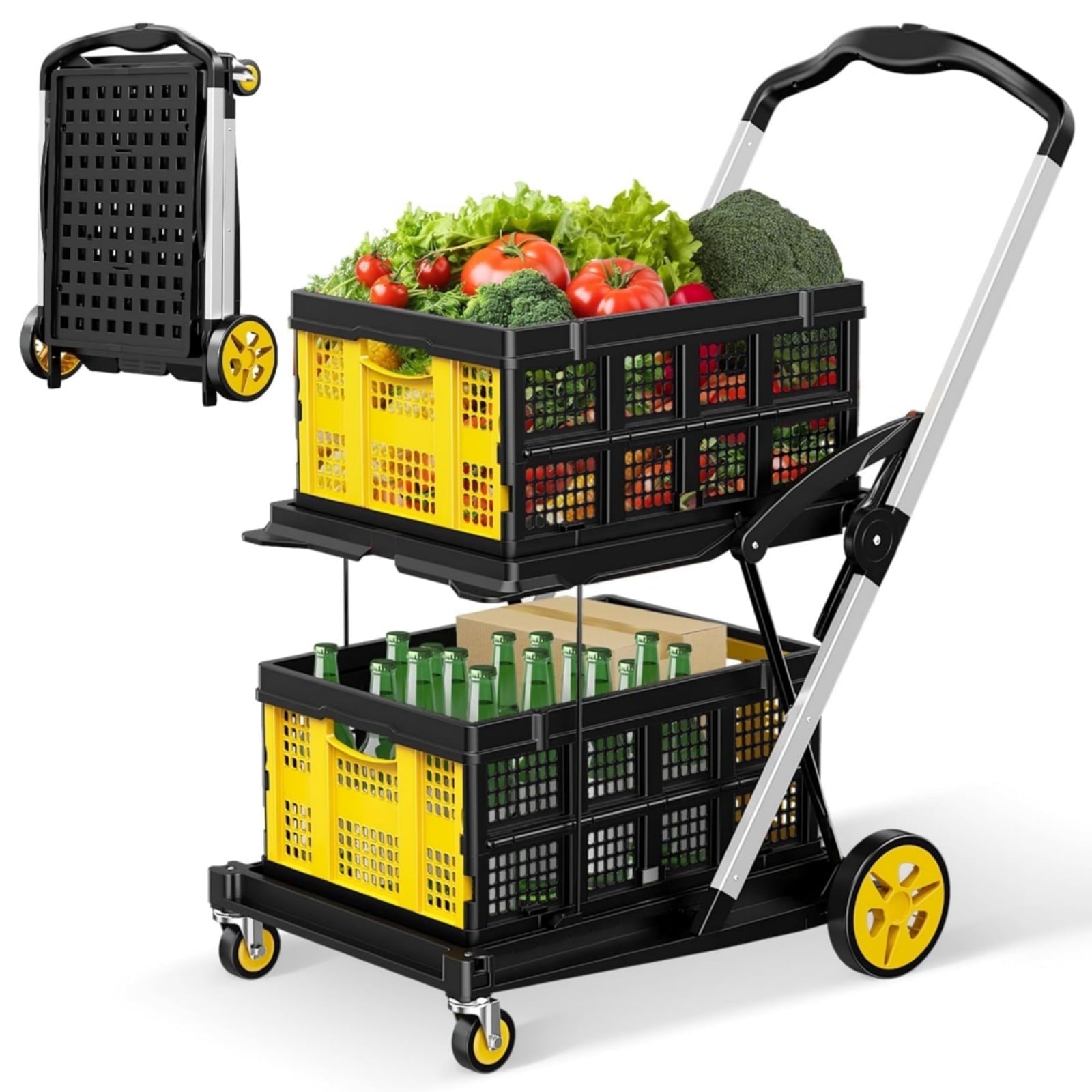 Rvchic Functional Collapsible Carts with 2 Storage Crates,8-in-1 Mobile Folding Trolley with 360¡ãRolling Wheels for Shopping,Picnic,Warehouse,Yellow