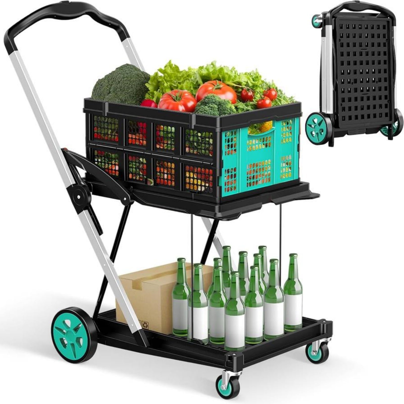 Rvchic Functional Collapsible Carts with Storage Crate,8-in-1 Mobile Folding Trolley with 360¡ãRolling Wheels for Shopping,Picnic,Warehouse,Blue